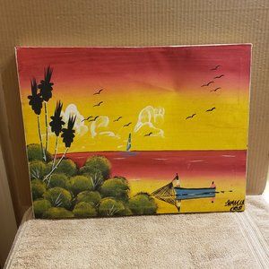 Oil Painting on Canvas Tropical Beach Sunset Jamaica Island Life Signed CRIS